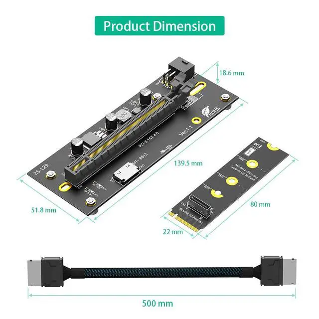 Alt view image 4 of 7 - M.2 M-Key 2242 2260 2280 to PCIe 4.0 X16 with Oculink SFF-8612/8611 Extension Cable