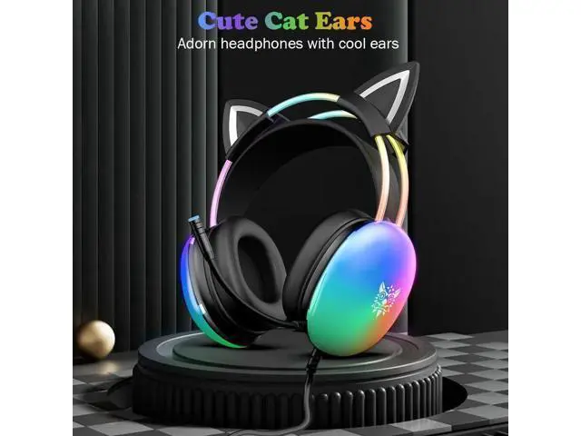 Alt view image 2 of 7 - Hitoor Cat Ear Gaming Headset with Mic, RGB Rainbow Lighting, Surround Sound, 3.5mm Wired Over-Ear Headphones Gaming Headsets for PC/PS4/PS5/Switch/Laptop, Lightweight & Adjustable Headband (Black)