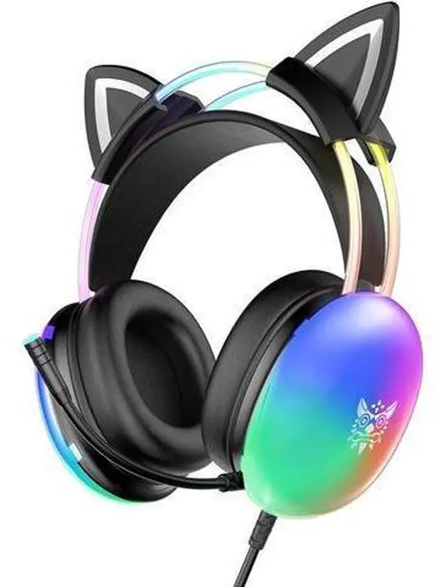 Main image of Hitoor Cat Ear Gaming Headset with Mic, RGB Rainbow Lighting, Surround Sound, 3.5mm Wired Over-Ear Headphones Gaming Headsets for PC/PS4/PS5/Switch/Laptop, Lightweight & Adjustable Headband (Black)