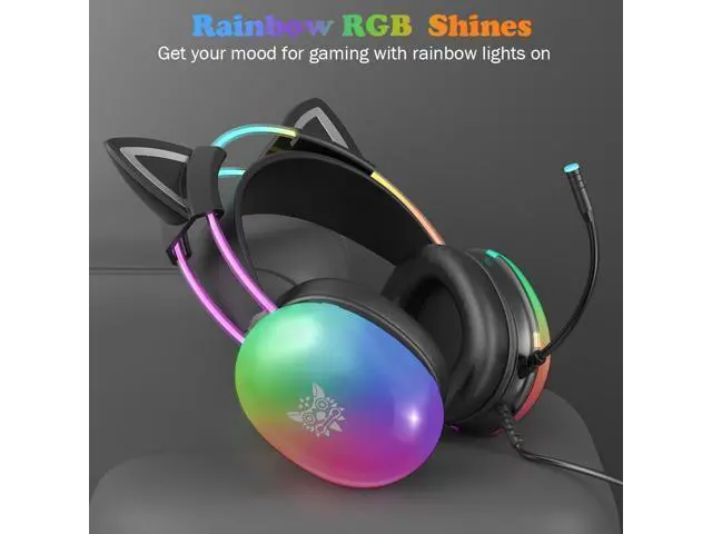 Alt view image 3 of 7 - Hitoor Cat Ear Gaming Headset with Mic, RGB Rainbow Lighting, Surround Sound, 3.5mm Wired Over-Ear Headphones Gaming Headsets for PC/PS4/PS5/Switch/Laptop, Lightweight & Adjustable Headband (Black)