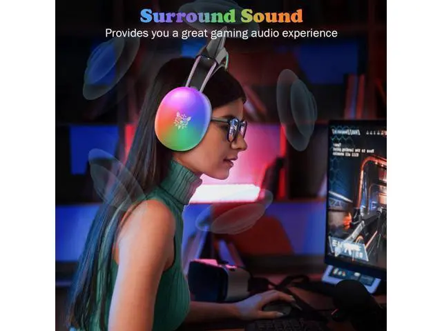 Alt view image 4 of 7 - Hitoor Cat Ear Gaming Headset with Mic, RGB Rainbow Lighting, Surround Sound, 3.5mm Wired Over-Ear Headphones Gaming Headsets for PC/PS4/PS5/Switch/Laptop, Lightweight & Adjustable Headband (Black)