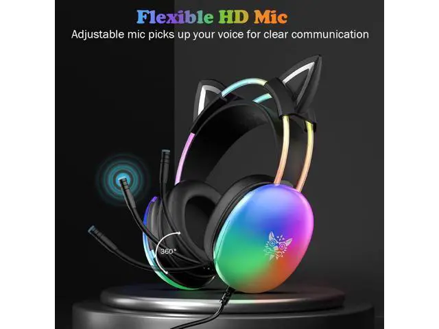 Alt view image 5 of 7 - Hitoor Cat Ear Gaming Headset with Mic, RGB Rainbow Lighting, Surround Sound, 3.5mm Wired Over-Ear Headphones Gaming Headsets for PC/PS4/PS5/Switch/Laptop, Lightweight & Adjustable Headband (Black)