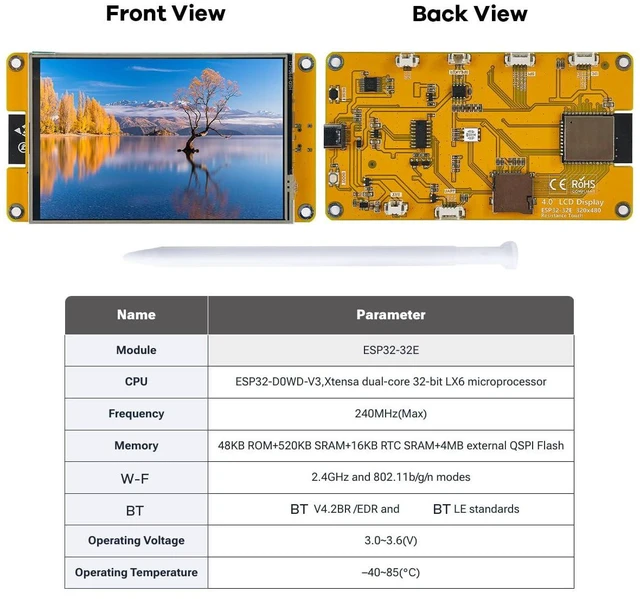 Alt view image 2 of 7 - 4.0'' 320x480 Touch Screen with ESP32-32E ESP32 Display with WiFi+BT, ST7796S Dr