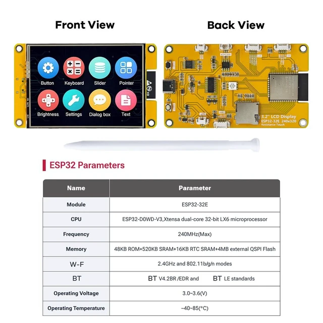 Alt view image 2 of 7 - 3.2'' ESP32 LCD Display Resistive Touchscreen with WiFi+BT, ST7789P3 Driver 240x