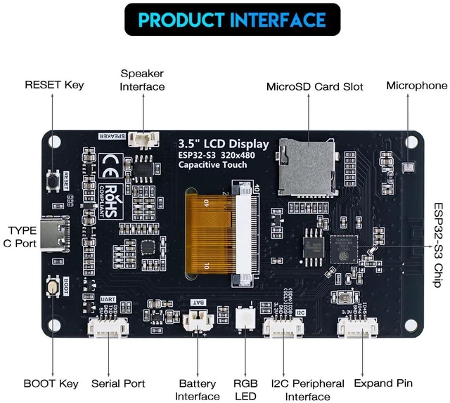 Alt view image 4 of 7 - ESP32-S3 Touchscreen Module, 3.5" 240x320 IPS LCD EPS32 Display with WiFi Blueto