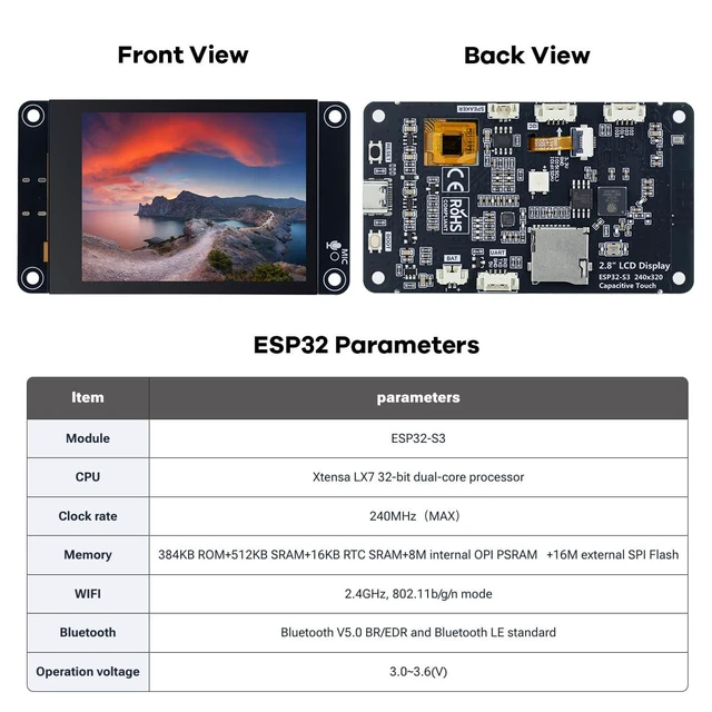 Alt view image 5 of 7 - ESP32-S3 Touchscreen Module, 2.8" 240x320 IPS LCD EPS32 Display with WiFi Blueto