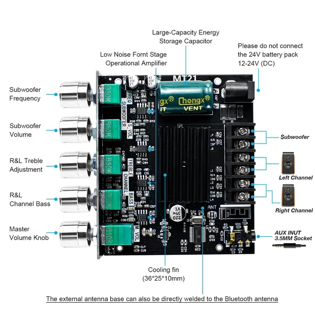 Alt view image 2 of 7 - ZK-MT21 2.1 Channel Bluetooth Audio Power Amplifier Board 50W×2+100W with Treble