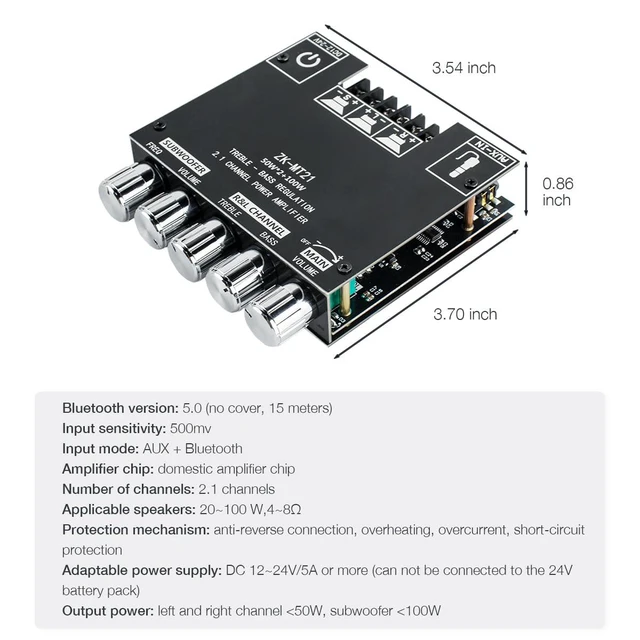 Alt view image 6 of 7 - ZK-MT21 2.1 Channel Bluetooth Audio Power Amplifier Board 50W×2+100W with Treble