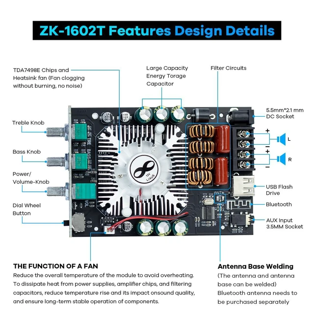 Alt view image 2 of 7 - ZK-1602T Bluetooth Amplifier Board, 2.0 Channel 160W+160W Stereo Audio Amp with