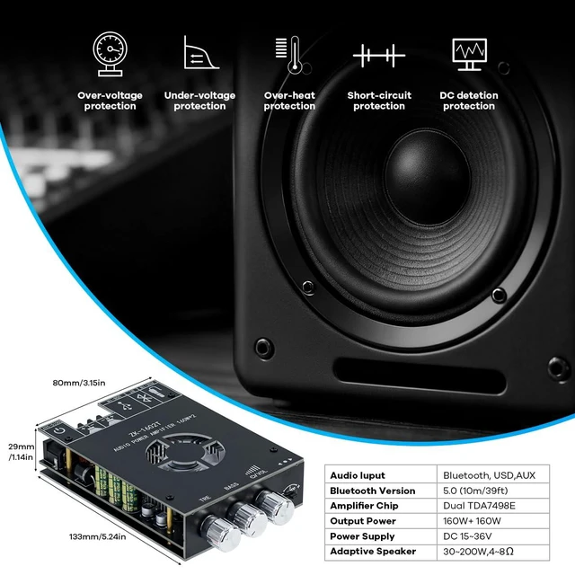 Alt view image 3 of 7 - ZK-1602T Bluetooth Amplifier Board, 2.0 Channel 160W+160W Stereo Audio Amp with