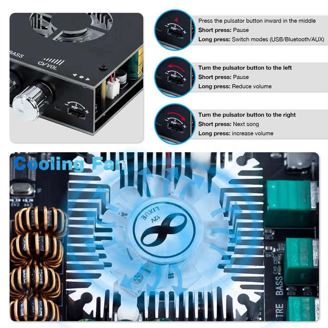 Alt view image 5 of 7 - ZK-1602T Bluetooth Amplifier Board, 2.0 Channel 160W+160W Stereo Audio Amp with