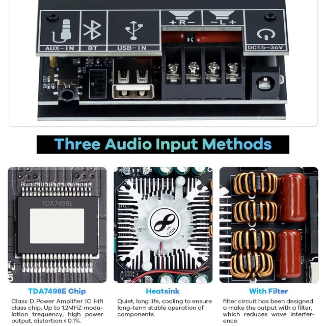 Alt view image 4 of 7 - ZK-1602T Bluetooth Amplifier Board, 2.0 Channel 160W+160W Stereo Audio Amp with