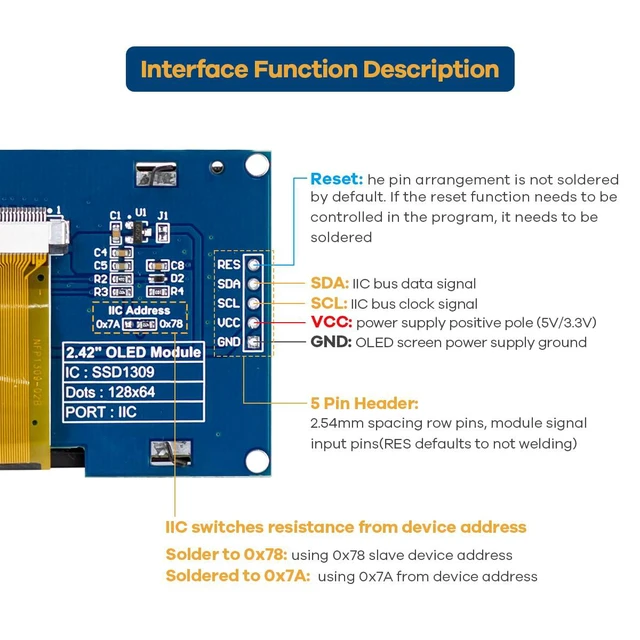 Alt view image 3 of 7 - 2.42 inches 128x64 IIC I2C OLED Display Module SSD1309 Driver OLED Screen Module