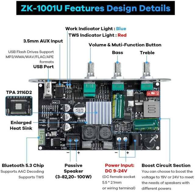 Alt view image 2 of 7 - ZK-1001U Mono Bluetooth Amplifier Board, 100W Power Amp with TWS Pairing, 9-24V