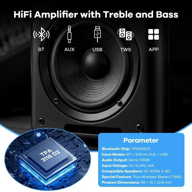 Alt view image 3 of 7 - ZK-1001U Mono Bluetooth Amplifier Board, 100W Power Amp with TWS Pairing, 9-24V