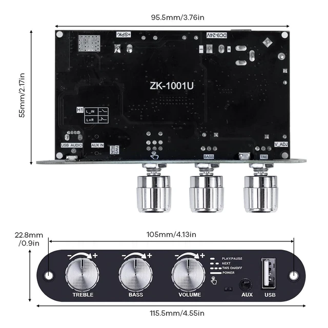 Alt view image 7 of 7 - ZK-1001U Mono Bluetooth Amplifier Board, 100W Power Amp with TWS Pairing, 9-24V