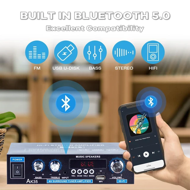 Alt view image 2 of 7 - AK35 Bluetooth 5.0 Stereo Amplifier, 2.0 Channel Mini Audio Receiver, 30Wx2 Home