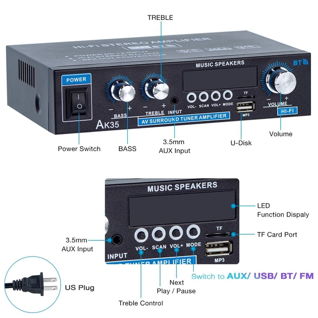 Alt view image 5 of 7 - AK35 Bluetooth 5.0 Stereo Amplifier, 2.0 Channel Mini Audio Receiver, 30Wx2 Home