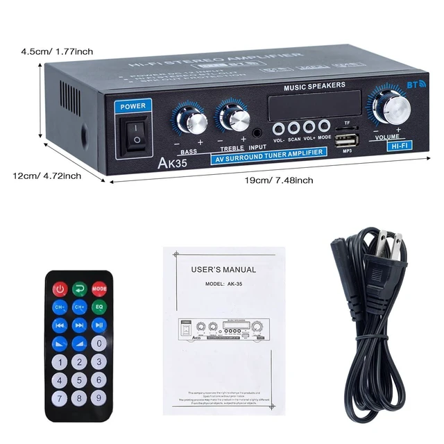 Alt view image 7 of 7 - AK35 Bluetooth 5.0 Stereo Amplifier, 2.0 Channel Mini Audio Receiver, 30Wx2 Home