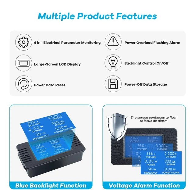Alt view image 2 of 7 - AC 80-260V 100A Multi-Function Power Monitor LCD Digital Display Voltage Current