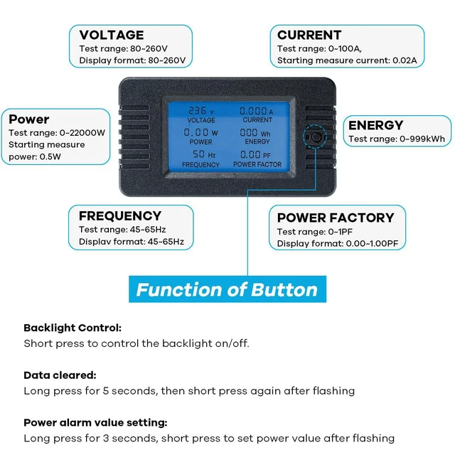 Alt view image 3 of 7 - AC 80-260V 100A Multi-Function Power Monitor LCD Digital Display Voltage Current