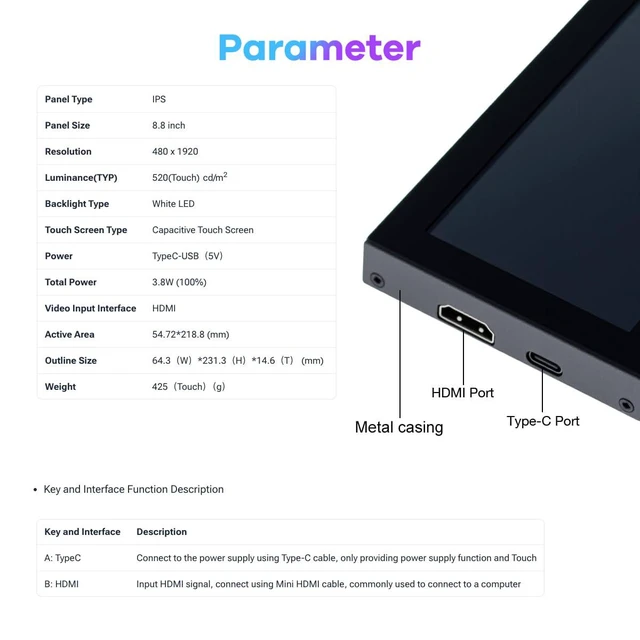 Alt view image 5 of 7 - 8.8 Inch Touchscreen Computer Secondary Screen 1920x480 FHD IPS LCD Display for