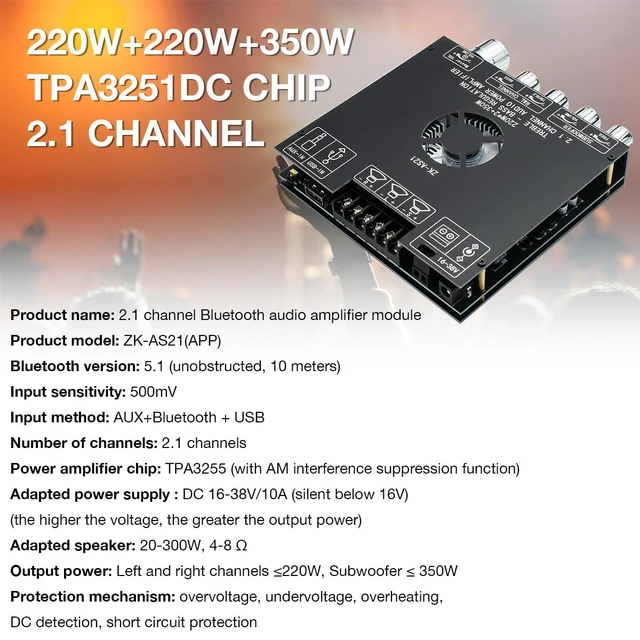 Alt view image 5 of 7 - ZK-AS21 TPA3255 Bluetooth 5.1 Power Amplifier Board HiFi 2.1 Channel 220Wx2+350W