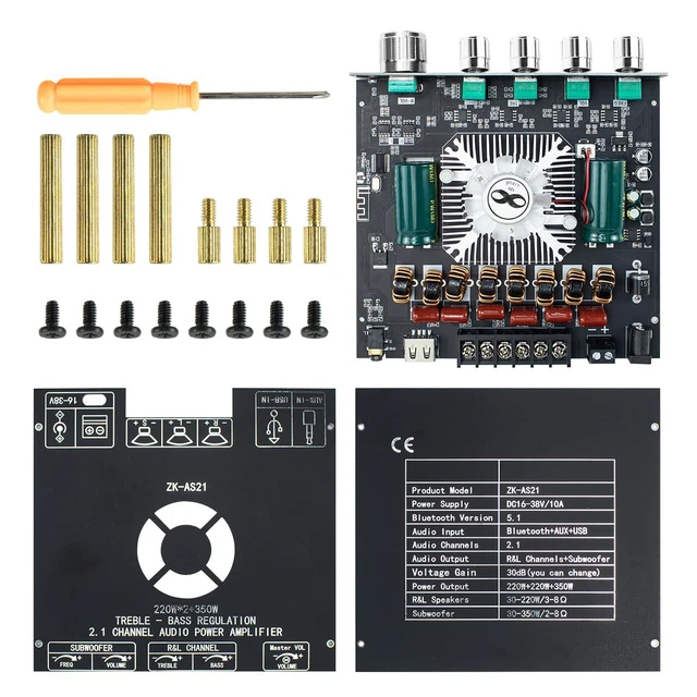 Alt view image 7 of 7 - ZK-AS21 TPA3255 Bluetooth 5.1 Power Amplifier Board HiFi 2.1 Channel 220Wx2+350W