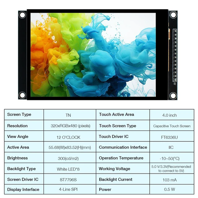 Alt view image 3 of 7 - 4.0 Inch 320x480 TN Capacitive Touch Screen LCD Display Module SPI Serial ST7796