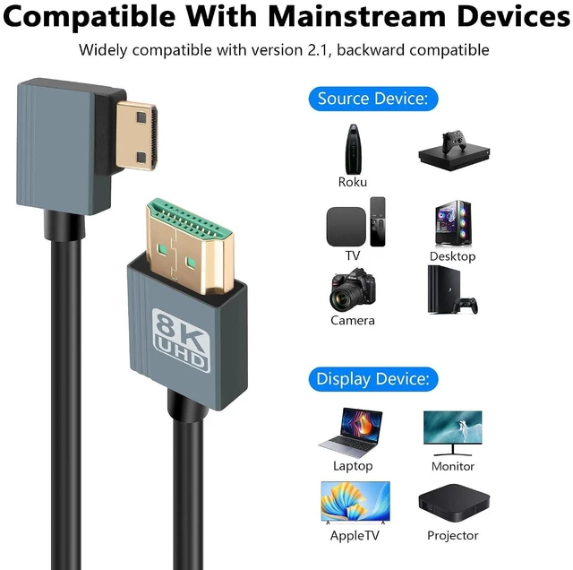 Alt view image 7 of 7 - 8K Left Angled Mini HDMI to HDMI Cable, 48Gbps High Speed 90 Degree Mini HDMI to