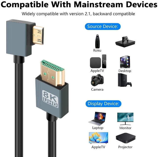 Alt view image 7 of 7 - 8K Right Angled Mini HDMI to HDMI Cable, 48Gbps High Speed 90 Degree Mini HDMI t