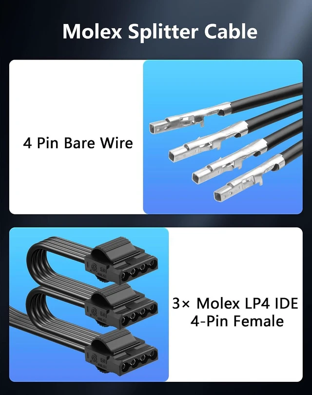 Alt view image 3 of 6 - Molex LP4 IDE 4-Pin Female to Bare Wire 1 to 3 18AWG Flat Modular PSU Cable Spli
