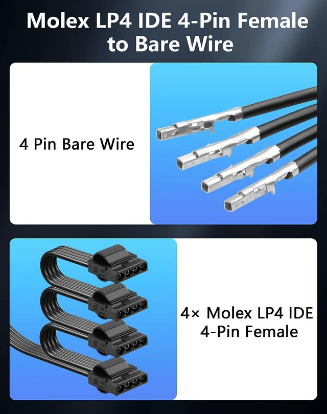 Alt view image 3 of 6 - Molex LP4 IDE 4-Pin Female to Bare Wire 1 to 4 18AWG Flat Modular PSU Cable Spli