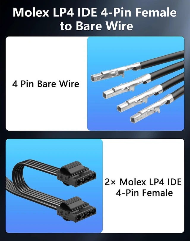 Alt view image 3 of 6 - Molex LP4 IDE 4-Pin Female to Bare Wire 1 to 2 18AWG Flat Modular PSU Cable Spli