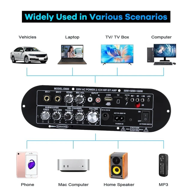 Alt view image 4 of 7 - D800 Bluetooth Amplifier 2.1 Channel 50W×2 + 100W Subwoofer