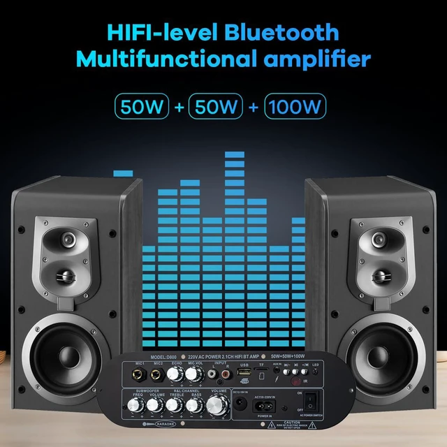 Alt view image 5 of 7 - D800 Bluetooth Amplifier 2.1 Channel 50W×2 + 100W Subwoofer