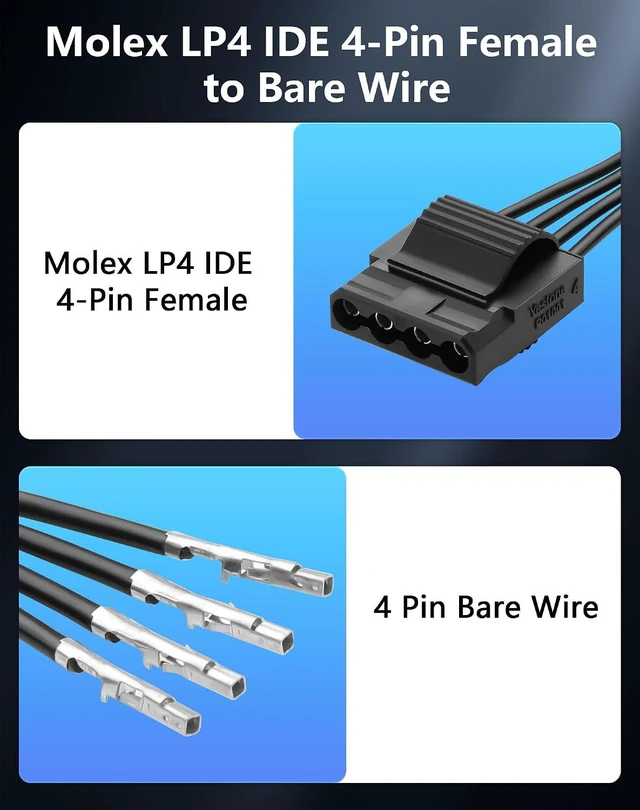 Alt view image 3 of 6 - Molex LP4 IDE 4-Pin Female to Bare Wire 18AWG Flat Modular PSU Cable Kit with 55