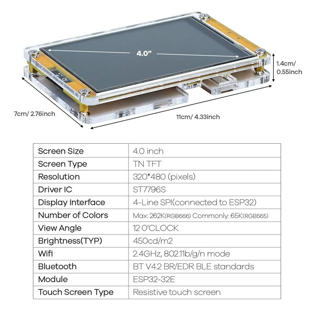 Alt view image 5 of 7 - 4.0 Inch ESP32 Display Resistive Touchscreen with Acrylic Case, ILI9341 Driver 2