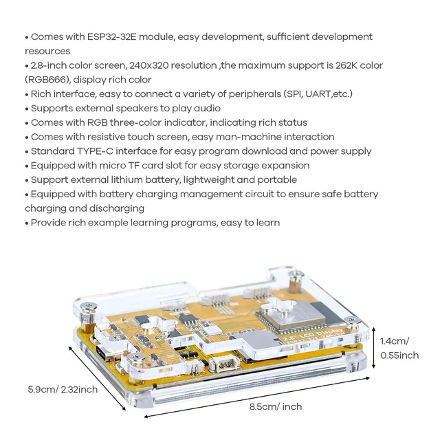 Alt view image 5 of 7 - 2.8 Inch ESP32 Display Resistive Touchscreen with Acrylic Case, ILI9341 Driver 2