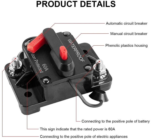 Alt view image 2 of 7 - 2PCS 60Amp Marine Circuit Breaker DC 12V-48V with Inline Fuse Manual Reset Water