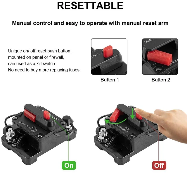 Alt view image 3 of 7 - 2PCS 60Amp Marine Circuit Breaker DC 12V-48V with Inline Fuse Manual Reset Water