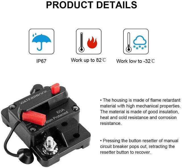 Alt view image 4 of 7 - 2PCS 60Amp Marine Circuit Breaker DC 12V-48V with Inline Fuse Manual Reset Water