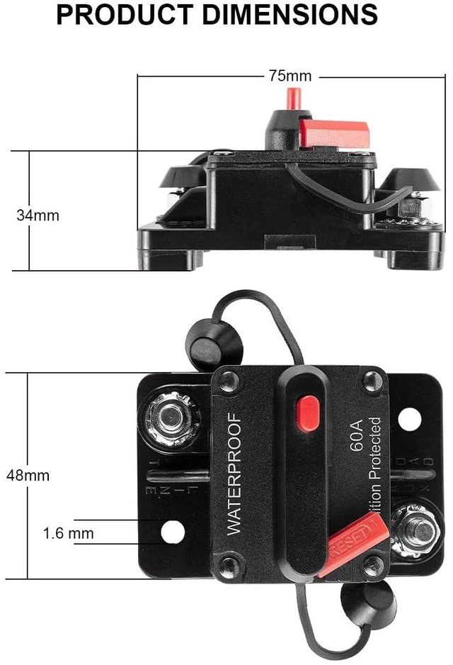 Alt view image 6 of 7 - 2PCS 60Amp Marine Circuit Breaker DC 12V-48V with Inline Fuse Manual Reset Water