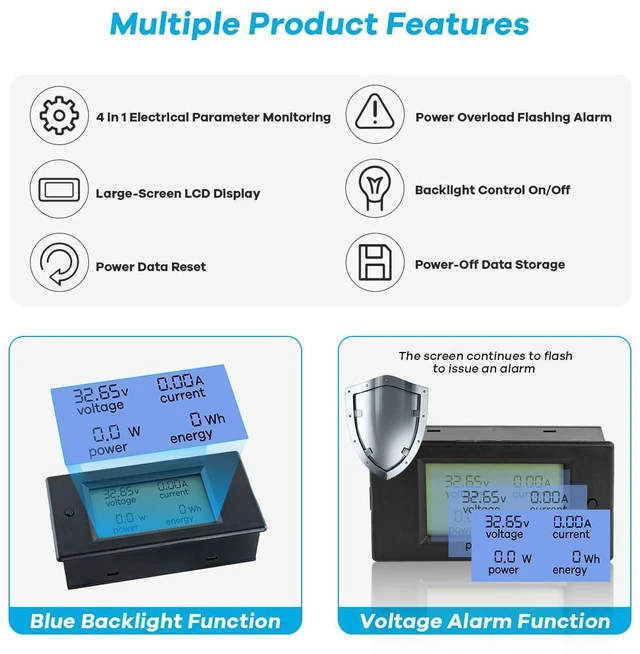 Alt view image 2 of 7 - DC 6.5-100V 0-100A LCD Display Digital Power Monitoring Meter Voltage Current Po