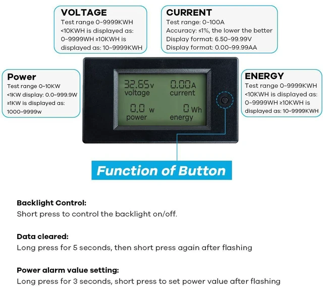 Alt view image 3 of 7 - DC 6.5-100V 0-100A LCD Display Digital Power Monitoring Meter Voltage Current Po