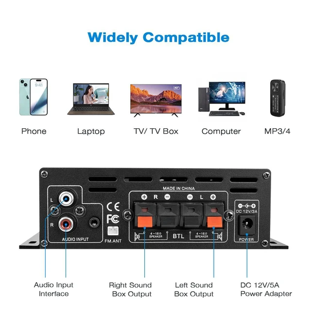 Alt view image 2 of 7 - Bluetooth 5.0 Audio Amplifier 400W+400W 2.0 CH AMP HiFi Stereo Treble Bass Audio