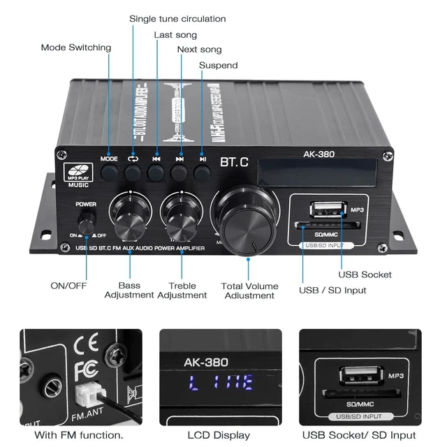 Alt view image 3 of 7 - Bluetooth 5.0 Audio Amplifier 400W+400W 2.0 CH AMP HiFi Stereo Treble Bass Audio