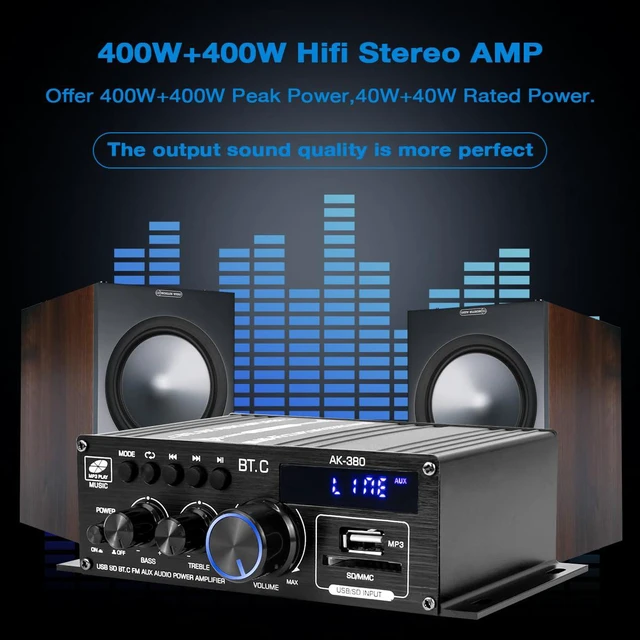 Alt view image 4 of 7 - Bluetooth 5.0 Audio Amplifier 400W+400W 2.0 CH AMP HiFi Stereo Treble Bass Audio