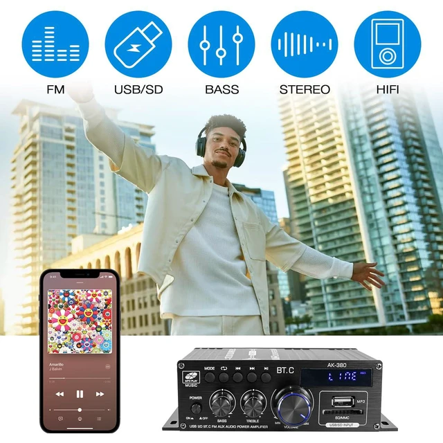 Alt view image 6 of 7 - Bluetooth 5.0 Audio Amplifier 400W+400W 2.0 CH AMP HiFi Stereo Treble Bass Audio