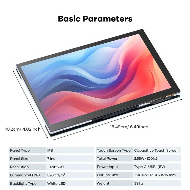 Alt view image 4 of 7 - 7 Inches Touchscreen IPS LCD Display Panel 1024×600 HDMI Capacitive Touch Screen